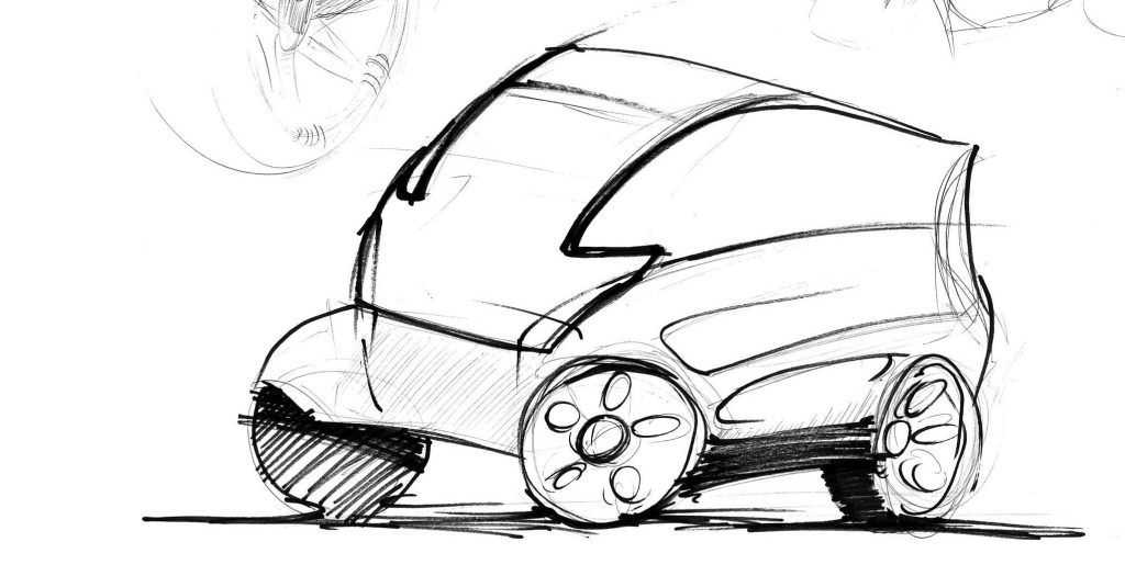 Sketch a lápis de um veículo conceito compacto, ilustrando a fase inicial de ideação no design de produto automotivo.