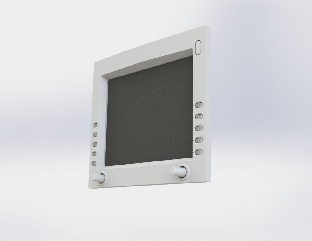 Renderização 3D de um painel de controle eletrônico com tela, botões laterais e seletores giratórios, ilustrando a fase de modelagem CAD no design de produto